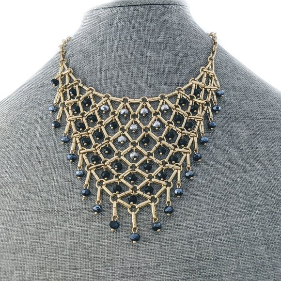 Jewelry - Gold Tone Mesh & Faceted Beads Bib Necklace